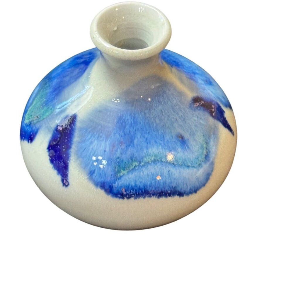 Signed Art Pottery Squat Vase Bud Vase Blue & Gray 3" Tall